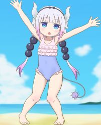 Rule 34 | 1girl, absurdres, armpits, arms up, barefoot, beach, beads, blue eyes, blue one-piece swimsuit, casual one-piece swimsuit, dragon girl, dragon horns, feet, full body, gluteal fold, green bell (yksk042), grey hair, hair beads, hair ornament, hairband, highres, horns, kanna kamui, kobayashi-san chi no maidragon, legs, long hair, low twintails, ocean, one-piece swimsuit, open mouth, outdoors, ribbon, solo, swimsuit, tail, thighs, toes, twintails