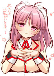 Rule 34 | 1girl, blazer, blush, head tilt, jacket, kusunoki chitose, looking at viewer, love of ren&#039;ai koutei of love!, own hands clasped, own hands together, pink eyes, pink hair, piyodera mucha, school uniform, simple background, smile, solo, two side up, upper body, white background
