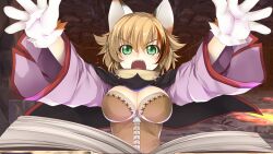 Rule 34 | 1girl, animal ears, animal hands, arms up, atelier-moo, book, breasts, brown hair, cat ears, cat girl, cat paws, cleavage, dungeon, feline sora, green eyes, hair between eyes, highres, large breasts, long sleeves, looking at viewer, narrow waist, open book, open mouth, outstretched arms, short hair, solo, standing, tooth, upper body, wizards symphony