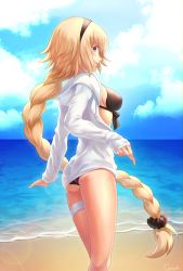 Rule 34 | 1girl, ass, beach, bikini, black bikini, black hairband, black scrunchie, blonde hair, blue eyes, braid, braided ponytail, breasts, coma2, day, fate/grand order, fate (series), floating hair, from side, grin, hair ornament, hair scrunchie, hairband, hood, hood down, hooded jacket, jacket, jeanne d&#039;arc (fate), jeanne d&#039;arc (ruler) (fate), jeanne d&#039;arc (swimsuit archer) (fate), jeanne d&#039;arc (swimsuit archer) (first ascension) (fate), lens flare, long hair, looking at viewer, looking to the side, medium breasts, ocean, open clothes, open jacket, outdoors, ponytail, profile, scrunchie, sideboob, signature, sleeves past wrists, smile, solo, standing, summer, swimsuit, thigh strap, very long hair, white jacket