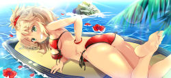 Rule 34 | 1girl, ass, bad id, bad pixiv id, barefoot, bikini, blonde hair, fate/grand order, fate (series), feet, flower, green eyes, grin, long hair, maruchan., mordred (fate), mordred (fate) (all), mordred (fate/apocrypha), mordred (swimsuit rider) (fate), mordred (swimsuit rider) (first ascension) (fate), ponytail, red bikini, smile, soles, solo, surfboard, swimsuit, toes, water