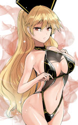 Rule 34 | 1girl, aura, bare arms, bare shoulders, black one-piece swimsuit, blonde hair, breasts, commentary request, cowboy shot, groin, hair between eyes, headdress, highres, junko (touhou), large breasts, long hair, looking at viewer, navel, one-hour drawing challenge, one-piece swimsuit, parted lips, red eyes, simple background, solo, stomach, swimsuit, touhou, very long hair, white background, y2