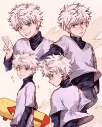 Rule 34 | 1boy, artist name, blue eyes, clivenzu, closed mouth, commentary, english commentary, graphite (medium), grey pants, grin, hand up, highres, holding, hunter x hunter, killua zoldyck, long sleeves, looking at viewer, male focus, mechanical pencil, mixed media, multiple views, pants, pencil, photo (medium), purple shirt, shirt, skateboard, smile, traditional media, twitter username, v, white hair