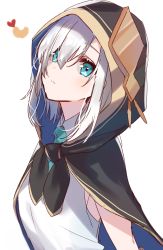 Rule 34 | 1girl, :&lt;, ars almal, bad id, bad pixiv id, black cape, blue eyes, cape, closed mouth, collared shirt, green neckwear, hair over one eye, highres, hood, hood up, hooded cape, looking at viewer, misumi (macaroni), nijisanji, shirt, silver hair, simple background, sleeveless, sleeveless shirt, solo, upper body, virtual youtuber, white background, white shirt