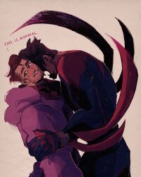 Rule 34 | 2boys, arm blade, artist name, bathrobe, blue bodysuit, blush, bodysuit, bracelet, bright pupils, brown eyes, brown hair, commentary, dark-skinned male, dark skin, english commentary, english text, facial hair, fangs, grin, hair slicked back, hand on another&#039;s shoulder, highres, holding another&#039;s arm, jewelry, male focus, marvel, miguel o&#039;hara, multiple boys, muscular, muscular male, open mouth, peter b parker, print bodysuit, red bodysuit, short hair, sideways glance, simple background, smile, spider-man, spider-man: across the spider-verse, spider-man (2099), spider-man (series), spider-verse, spider web print, stubble, sunfishstick, thick eyebrows, weapon, white pupils, yaoi, yellow background