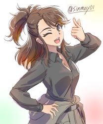 Rule 34 | 10s, 1girl, ;d, amaretto (girls und panzer), anzio military uniform, asymmetrical bangs, belt, black belt, black shirt, breasts, brown eyes, brown hair, cleavage, clothes pull, commentary, dress shirt, girls und panzer, grey jacket, hand on own hip, head tilt, jacket, jacket pull, long hair, long sleeves, looking at viewer, medium breasts, military, military uniform, one-hour drawing challenge, one eye closed, open mouth, pointing, pointing at viewer, shinmai (kyata), shirt, smile, solo, standing, twitter username, uniform, upper body, white background, wing collar