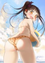 Rule 34 | 1girl, :d, ass, back, ball, beachball, bikini, blush, breasts, brown hair, cloud, clover print, day, fang, flower, from behind, hair flower, hair ornament, hair ribbon, highres, holding, holding ball, large breasts, long hair, looking at viewer, looking back, na arva, ocean, open mouth, orange bikini, orange eyes, original, outdoors, purple ribbon, red flower, ribbon, skin fang, sky, smile, solo, swimsuit, thighs, very long hair, wading, water