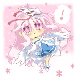 Rule 34 | !, 1girl, :&lt;, angel wings, blue dress, blue skirt, chibi, dress, expressionless, fox mask, gradient background, hata no kokoro, highres, layered dress, long sleeves, mask, milkpanda, mouth mask, outstretched arms, pink background, pink eyes, pink hair, skirt, solo, spoken exclamation mark, touhou, white dress, wide sleeves, wings
