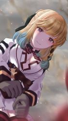 Rule 34 | 1girl, belt, blonde hair, blue hair, blurry, bow, bowtie, braid, breasts, breasts apart, brown belt, center opening, closed mouth, commentary request, counter:side, depth of field, dot nose, embers, foreshortening, from below, gloves, gradient hair, highres, jacket, leaning forward, light blush, long sleeves, looking at viewer, looking down, lyudmila (counter:side), medium hair, miniskirt, multicolored hair, pleated skirt, purple eyes, ribbon braid, shade, skirt, sleeve cuffs, smile, smoke, solo, tearing up, thighhighs, white jacket, white skirt, yokoshimahama, zettai ryouiki