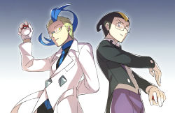 Rule 34 | 2boys, arm behind back, black hair, blonde hair, blue hair, buttons, colress (pokemon), creatures (company), darach (pokemon), from below, game freak, glasses, gloves, highres, holding, holding poke ball, lab coat, long sleeves, looking at viewer, male focus, momoji (lobolobo2010), multicolored hair, multiple boys, nintendo, pants, parted lips, poke ball, poke ball (basic), pokemon, pokemon bw2, pokemon dppt, pokemon platinum, purple pants, short hair, two-tone hair, white gloves, yellow eyes