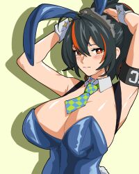 1girl animal_ears black_hair blue_leotard blush breasts cleavage closed_mouth fake_animal_ears hairband highres large_breasts leotard long_hair looking_at_viewer machipachi1901 multicolored_hair orange_eyes orange_hair rabbit_ears sidelocks simple_background solo streaked_hair two-tone_hair upper_body zenless_zone_zero zhu_yuan