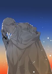 Rule 34 | 1boy, bedivere (fate), braid, cloak, closed eyes, closed mouth, commentary, fate/grand order, fate (series), gauntlets, gloves, gradient sky, hair tubes, head down, highres, holding own wrist, light particles, low twintails, male focus, n oel, sky, solo, sunset, twintails, upper body, white cloak, white gloves, white hair