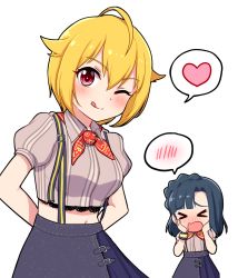 Rule 34 | &gt; &lt;, 2girls, ;q, ahoge, arms behind back, black hair, black skirt, blonde hair, blush, braid, chibi, closed eyes, closed mouth, collared shirt, commentary request, crop top, grey shirt, hair between eyes, hair flaps, hands on own face, hands up, heart, highres, ibuki tsubasa, idolmaster, idolmaster million live!, idolmaster million live! theater days, lace, lace-trimmed shirt, lace trim, looking at viewer, midriff, multiple girls, nanao yuriko, navel, one eye closed, open mouth, puffy short sleeves, puffy sleeves, red eyes, shirt, short hair, short sleeves, simple background, skirt, smile, spoken blush, spoken heart, summit reburn (idolmaster), suspender skirt, suspenders, takiki, tongue, tongue out, wavy mouth, white background
