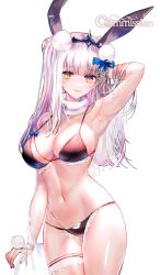 Rule 34 | 1girl, animal ears, arm behind head, armpits, bare shoulders, bikini, black bikini, blue bow, bow, breasts, cleavage, closed mouth, commentary, commission, cowboy shot, english commentary, fur collar, grey hair, hair bow, highres, kaavi, large breasts, long hair, looking at viewer, mahjong soul, navel, pom pom (clothes), rabbit ears, rabbit girl, see-through, simple background, smile, solo, sowon, stomach, swimsuit, thigh strap, white background, yellow eyes