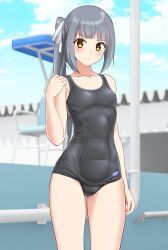 1girl absurdres alternate_costume black_one-piece_swimsuit blue_sky blurry blurry_background breasts brown_eyes cloud day grey_hair hair_ribbon highres kantai_collection kasumi_(kancolle) long_hair looking_at_viewer one-piece_swimsuit outdoors ribbon school_swimsuit side_ponytail sky small_breasts smile solo standing swimsuit takafumi white_ribbon