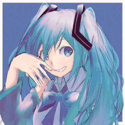 Rule 34 | 1girl, absurdres, bad id, bad pixiv id, bare shoulders, blue background, blue bow, blue bowtie, blue eyes, blue hair, bow, bowtie, collared shirt, commentary request, detached sleeves, dress shirt, finger to mouth, grey shirt, grin, hatsune miku, highres, long hair, looking at viewer, minato yukino, noise, open mouth, outline, shirt, sketch, sleeveless, sleeveless shirt, smile, solo, teeth, twintails, upper body, vocaloid, white outline