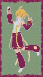 Rule 34 | 1boy, belt, black shorts, black sleeves, blonde hair, bottle, commentary, cup, d futagosaikyou, detached sleeves, drinking glass, framed image, full body, green background, green eyes, hands up, headphones, highres, holding, holding bottle, holding cup, kagamine len, kagamine len (append), leg up, leg warmers, light smile, looking at viewer, male focus, midriff, muted color, navel, shirt, short ponytail, shorts, sleeveless, sleeveless shirt, solo, spiked hair, standing, standing on one leg, vocaloid, vocaloid append, white shirt, wine glass
