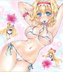 Rule 34 | 3girls, alice margatroid, arm garter, arms behind head, arms up, artist name, at classics, bikini, black bow, blonde hair, blue eyes, blush, bow, breasts, closed mouth, covered erect nipples, flower, hair between eyes, hair bow, hairband, holding, holding flower, large breasts, long hair, looking at viewer, micro bikini, mouth hold, multiple girls, navel, one-piece swimsuit, one eye closed, red bow, sample watermark, shanghai doll, short hair, side-tie bikini bottom, sidelocks, skindentation, smile, swimsuit, touhou, traditional media, watermark, white bikini
