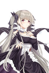 Rule 34 | 1girl, absurdres, azur lane, bare shoulders, black nails, blush, breasts, cleavage, clothes lift, dress, flight deck, formidable (azur lane), frilled dress, frilled ribbon, frills, hair between eyes, hair ribbon, highres, jewelry, kulayueyue, large breasts, long hair, long skirt, nail polish, platinum blonde hair, ribbon, rigging, skirt, skirt lift, solo, twintails, two-tone dress, two-tone ribbon, very long hair, white background