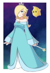 Rule 34 | 1girl, absurdres, arms at sides, artist name, bare shoulders, blonde hair, blue background, blue dress, blue eyes, border, breasts, brooch, closed mouth, crown, dress, earrings, gradient background, hair over one eye, highres, holding, holding wand, jewelry, lips, long dress, long hair, looking at viewer, luma (mario), mario (series), medium breasts, mini crown, nintendo, off-shoulder dress, off shoulder, outline, rosalina, sarukaiwolf, signature, smile, star (sky), star (symbol), star earrings, super mario galaxy, wand, white border, white outline