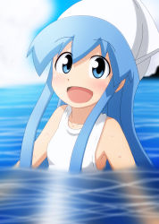 Rule 34 | 1girl, :d, absurdres, blue eyes, blue hair, blush, breasts, collarbone, gandoru, hat, highres, ikamusume, looking at viewer, matching hair/eyes, one-piece swimsuit, open mouth, partially submerged, shinryaku! ikamusume, small breasts, smile, solo, squid hat, swimsuit, tentacle hair, upper body, water, wet
