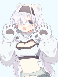 Rule 34 | 1girl, absurdres, animal ears, animal hands, arknights, aurora (arknights), bear ears, black hairband, blue background, blue eyes, blush, breasts, cleavage, cleavage cutout, clothing cutout, cropped jacket, eyes visible through hair, gloves, grey hair, hair ornament, hair over one eye, hairband, hairclip, highres, jacket, long hair, long sleeves, looking at viewer, medium breasts, navel, open mouth, paw gloves, puffy long sleeves, puffy sleeves, ryoku sui, simple background, solo, very long hair, white gloves, white jacket