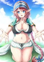 Rule 34 | 1girl, :o, absurdres, bikini, black bikini, blue eyes, blue flower, blue hat, braid, braided ponytail, breasts, cleavage, cloud, collarbone, female focus, flower, grass, groin, hair flower, hair ornament, hands up, hat, highres, large breasts, long hair, looking at viewer, misato (princess connect!), misato (summer) (princess connect!), navel, open clothes, open mouth, pointy ears, princess connect!, short shorts, shorts, sitting, sky, solo, stomach, striped clothes, striped shorts, swimsuit, takemura kou, thighs, vertical-striped clothes, vertical-striped shorts, very long hair, wariza, wet, white bikini