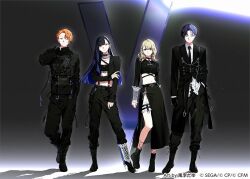 Rule 34 | 2boys, 2girls, ankle boots, aoyagi touya, artist name, azusawa kohane, black background, black footwear, black hair, black jacket, black necktie, black shirt, black skirt, black theme, blonde hair, blue hair, boots, closed mouth, collared shirt, company name, contrapposto, copyright notice, fanny pack, forehead, full body, gradient hair, grin, hand in pocket, hand up, jacket, kazari tayu, lace, legs apart, light brown hair, light smile, long hair, long skirt, long sleeves, looking at viewer, midriff, multicolored hair, multiple boys, multiple girls, navel, necktie, official art, orange hair, parted bangs, parted lips, project sekai, shadow, shinonome akito, shiraishi an, shirt, short hair, side slit, skirt, smile, split-color hair, sports bra, standing, standing on one leg, straight-on, studded choker, suspenders, swept bangs, thigh strap, two-tone hair, white shirt, wing collar, zozotown