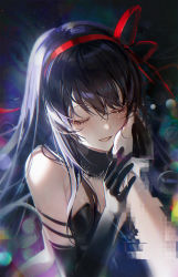 Rule 34 | 1girl, akemi homura, akuma homura, black dress, black gloves, black hair, bow hairband, closed eyes, daby, dress, elbow gloves, glitch, gloves, hair between eyes, hairband, hand on another&#039;s face, highres, long hair, looking at viewer, mahou shoujo madoka magica, mahou shoujo madoka magica: hangyaku no monogatari, parted lips, pov, pov hands, red hairband, smile, strapless, strapless dress, tears, upper body, white gloves