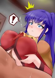Rule 34 | !, 1boy, 1girl, absurdres, achiru ulan, arc the lad, blue eyes, blush, breasts, censored, cleavage, clothed female nude male, clothed paizuri, cum, cum in clothes, cum on clothes, cum through clothes, earrings, ejaculation, highres, japanese clothes, jewelry, kukuru (arc the lad), large breasts, necklace, nude, paizuri, paizuri under clothes, penis, ponytail, precum, purple hair, scarf, surprised, sweat