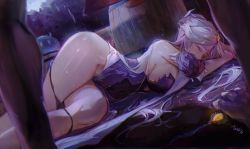 Rule 34 | 1girl, ass, black panties, breasts, china dress, chinese clothes, closed eyes, commentary request, defeat, detached sleeves, dress, genshin impact, highres, hilichurl (genshin impact), indoors, large breasts, long hair, lying, multicolored hair, ningguang (genshin impact), ningguang (orchid&#039;s evening gown) (genshin impact), on ground, on side, outdoors, pale skin, panties, panty pull, purple hair, rain, rape, sideboob, slime (genshin impact), solo focus, thick thighs, thighs, underwear, white hair, wide hips, xude