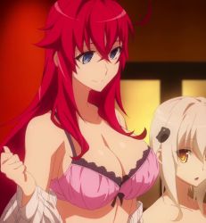 Rule 34 | 2girls, blue eyes, bra, breast envy, breasts, cleavage, high school dxd, highres, large breasts, long hair, looking at breasts, multiple girls, red hair, rias gremory, screencap, stitched, third-party edit, underwear