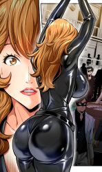 Rule 34 | 1girl, artist request, ass, bodysuit, bound, bound wrists, breasts, brown eyes, brown hair, huge ass, large breasts, lipstick, lupin iii, makeup, mask, mine fujiko, multiple boys, pantylines, sweat, sweatdrop