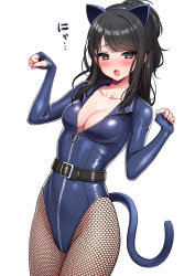 Rule 34 | 1girl, animal ears, belt, black belt, black eyes, black hair, blue leotard, breasts, cat ears, cat tail, cleavage, commentary request, deadnooodles, fake animal ears, fishnet pantyhose, fishnets, highleg, highleg leotard, highres, idolmaster, idolmaster shiny colors, kazano hiori, leotard, looking at viewer, medium breasts, open mouth, pantyhose, paw pose, ponytail, simple background, solo, tail, white background