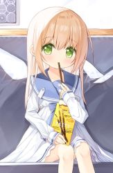 Rule 34 | 1girl, blonde hair, blue bow, blue sailor collar, blush, bow, commentary request, dress, eating, feet out of frame, food, food in mouth, green eyes, hair between eyes, holding, holding food, long hair, long sleeves, looking at viewer, original, pocky, sailor collar, sailor dress, sitting, sleeves past wrists, solo, very long hair, waka (yuuhagi (amaretto-no-natsu)), white dress, yuuhagi (amaretto-no-natsu)