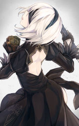 Rule 34 | 1girl, ass, back, back cutout, black blindfold, black dress, black gloves, black hairband, blindfold, clothing cutout, covered eyes, cube, dress, facing away, feather-trimmed sleeves, from behind, gloves, grey background, hairband, head tilt, highres, holding, holding sword, holding weapon, juliet sleeves, long sleeves, mole, mole under mouth, nier:automata, nier (series), otogi kyouka, parted lips, puffy sleeves, short hair, silver hair, solo, sword, vambraces, weapon, 2b (nier:automata)