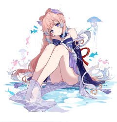 Rule 34 | 1girl, absurdres, barefoot, blonde hair, blue eyes, blush, breasts, closed mouth, feet, fish, genshin impact, gloves, hair ornament, highres, japanese clothes, jellyfish, kimono, knees to chest, long hair, looking at viewer, ribbon, sangonomiya kokomi, sitting, small breasts, smile, solo, thighs, wet, yajuu