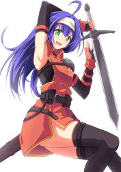 Rule 34 | 1girl, ahoge, arm strap, armor, armpits, bare shoulders, black thighhighs, breasts, fingerless gloves, fire emblem, fire emblem: path of radiance, fire emblem heroes, gloves, green eyes, hair intakes, headband, highres, holding, holding sword, holding weapon, long hair, looking at viewer, medium breasts, mia (fire emblem), minamonochaba, nintendo, open mouth, pauldrons, purple hair, shoulder armor, simple background, solo, sword, thighhighs, weapon, white background, white headband, zettai ryouiki