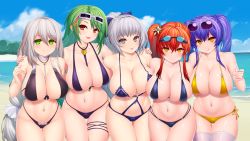 Rule 34 | 5girls, :d, :q, absurdres, anchor necklace, aquila (azur lane), aquila (a sip of sardegnian elegance) (azur lane), asamura hiori, aviator sunglasses, azur lane, bare shoulders, beard, bikini, black bikini, blue sky, blush, bow, braid, breasts, choker, cleavage, closed mouth, cloud, collarbone, commentary request, cowboy shot, day, eyewear on head, facial hair, goggles, goggles on head, green eyes, green hair, grey-framed eyewear, grey eyes, grin, groin, group picture, hair between eyes, hair bow, hair ornament, hand up, highleg, highleg bikini, highres, huge filesize, jewelry, large breasts, littorio (azur lane), littorio (the glory of naples) (azur lane), long hair, looking at viewer, low-tied long hair, multicolored hair, multiple girls, multiple straps, navel, necklace, neckwear between breasts, o-ring, o-ring bikini, ocean, official alternate costume, open mouth, outdoors, pola (azur lane), pola (seaside coincidence) (azur lane), purple bikini, purple bow, purple hair, red eyes, red hair, side-by-side, side-tie bikini bottom, side ponytail, sidelocks, silver hair, single braid, skindentation, sky, smile, standing, stomach, streaked hair, sunglasses, swimsuit, teeth, thigh strap, thighhighs, tongue, tongue out, twintails, very long hair, vittorio veneto (azur lane), vittorio veneto (the flower of la spezia) (azur lane), wet legwear, white choker, white legwear, yellow bikini, zara (azur lane), zara (poolside coincidence) (azur lane)