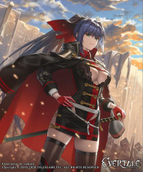 Rule 34 | 1girl, battlefield, black dress, blue hair, blue sky, breasts, cape, cleavage cutout, closed mouth, clothing cutout, cloud, commentary request, cuboon, dress, evertale, gloves, green eyes, hair between eyes, hair intakes, hand on own hip, high ponytail, holding, holding sword, holding weapon, jacket, jacket on shoulders, knight, large breasts, long hair, looking at viewer, looking to the side, military, military uniform, miniskirt, official art, red gloves, red ribbon, ribbon, sheath, sheathed, side slit, skirt, sky, solo, standing, sword, thighhighs, thighs, uniform, very long hair, wall, weapon