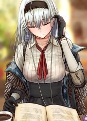 Rule 34 | 1girl, bad id, bad pixiv id, black gloves, black hairband, black jacket, black skirt, book, camouflage, closed eyes, closed mouth, coffee, coffee mug, collared shirt, cup, earphones, feather-trimmed jacket, feathers, girls&#039; frontline, gloves, hairband, head tilt, high-waist skirt, jacket, long hair, long sleeves, looking down, media player interface, mug, neck ribbon, open book, red ribbon, ribbed shirt, ribbon, scar, scar on neck, shirt, sidelocks, sitting, skirt, solo, table, thunder (girls&#039; frontline), turisasu, very long hair