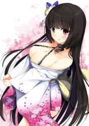 Rule 34 | 1girl, bare shoulders, black hair, blush, breasts, cleavage, criss-cross halter, flower, hair flower, hair ornament, hair ribbon, halterneck, halterneck, haru (matatabi sanjou), highres, japanese clothes, kimono, long hair, looking at viewer, off shoulder, original, own hands together, red eyes, ribbon, smile, solo, takao mishou
