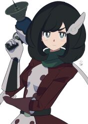 Rule 34 | 1girl, black hair, commentary, creatures (company), dress, game freak, gloves, green scarf, grey eyes, highres, holding, holding weapon, ida (idalol490), looking at viewer, medium hair, nintendo, official alternate costume, pokemon, pokemon masters ex, red dress, scarf, selene (pokemon), selene (special costume) (pokemon), simple background, solo, standing, two-tone dress, upper body, v-shaped eyebrows, weapon, white background, white dress, white gloves