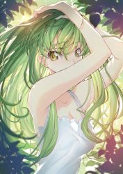 Rule 34 | 1girl, armpits, arms up, backlighting, bare arms, bare shoulders, breasts, c.c., cleavage, code geass, commentary, creayus, day, dress, green hair, hair between eyes, leaf, lens flare, long hair, looking at viewer, medium breasts, outdoors, sleeveless, sleeveless dress, solo, sundress, sunlight, symbol-only commentary, upper body, white dress, yellow eyes