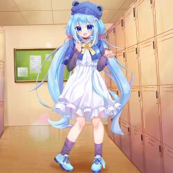 Rule 34 | 1girl, absurdres, amami ami, blue eyes, blue hair, bow, commission, dress, flower, hair flower, hair ornament, hat, highres, indoors, jacket, jewelry, locker, locker room, long hair, looking at viewer, open mouth, pendant, prism project, rainbow, ribbon, school, shirt, shoes, skirt, socks, solo, twintails, virtual youtuber