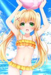 Rule 34 | 1girl, :d, arms up, ball, bare arms, beachball, bikini, blonde hair, blue sky, blush, breasts, chibinon, cloud, collarbone, colored eyelashes, commentary request, cowboy shot, crossed bangs, day, eyes visible through hair, frilled bikini, frills, green eyes, groin, hair between eyes, hair intakes, hair ornament, happy, holding, holding ball, holding beachball, long hair, looking at viewer, medium breasts, navel, ocean, open mouth, orange bikini, outdoors, sidelocks, sky, smile, solo, standing, stomach, straight-on, summer pockets, swimsuit, thigh gap, tsumugi wenders, twintails, underboob, very long hair, water drop, x hair ornament