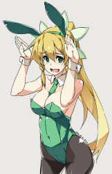 Rule 34 | 1girl, animal ears, bare shoulders, between breasts, black pantyhose, blonde hair, blush, breasts, covered navel, cowboy shot, dated, detached collar, fake animal ears, female focus, green eyes, green leotard, grey background, hair between eyes, highres, large breasts, leafa, leotard, long hair, looking at viewer, necktie, necktie between breasts, open mouth, pantyhose, playboy bunny, ponytail, rabbit ears, shikei, simple background, solo, strapless, strapless leotard, sword art online, wrist cuffs