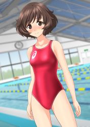Rule 34 | 1girl, absurdres, akiyama yukari, arms at sides, asics, blurry, blurry background, blush, breasts, brown eyes, brown hair, clothes writing, collarbone, competition swimsuit, cowboy shot, depth of field, embarrassed, emblem, from behind, girls und panzer, gluteal fold, highres, lane line, legs apart, logo, looking at viewer, multiple views, nose blush, one-piece swimsuit, pool, poolside, red one-piece swimsuit, short hair, small breasts, standing, swept bangs, swimsuit, takafumi, thighs, water, wavy hair