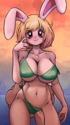 Rule 34 | 1girl, :&gt;, absurdres, animal ears, animal nose, ass, bikini, blonde hair, breasts, brown eyes, carrot (one piece), covered erect nipples, curvy, furry, furry female, green bikini, highres, large breasts, looking at viewer, navel, one piece, plague of gripes, rabbit ears, rabbit girl, rabbit tail, side-tie bikini bottom, solo, standing, swimsuit, tail, untied bikini, wardrobe malfunction, wet, wide hips