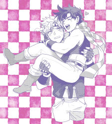 Rule 34 | 2boys, ^ ^, battle tendency, boots, caesar anthonio zeppeli, carrying, checkered background, closed eyes, crop top, facial mark, feather hair ornament, feathers, fingerless gloves, gloves, hair ornament, hamadaichi, headband, heart, jojo no kimyou na bouken, joseph joestar, joseph joestar (young), male focus, midriff, monochrome, multiple boys, princess carry, scarf, striped clothes, striped scarf, triangle print, vertical-striped clothes, vertical-striped scarf